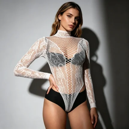 Jacquard Hollow Out Backless One-Piece Mesh Bodysuit, Sexy Tight Beach Bikini Cover Up