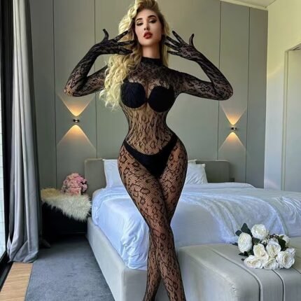 AphroTitan Floral Lace Long Sleeve Open Back Bodysuit Attached Stockings One Piece Sheer Lingerie for Women Boudoir Photoshoot Date Night