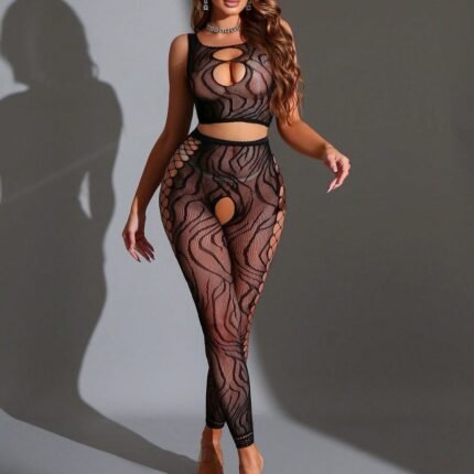 AphroTitan Striped Hollow Mesh Two‑Piece Bodystocking Set Cold‑Shoulder Sleeveless Crop Top + Full‑Length Fishnet Tights Stretchy Semi‑Sheer Sexy Intimate Lingerie for Women