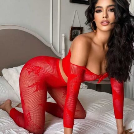 AphroTitan Red Off Shoulder Mesh Lingerie Two Piece Set Women Crisscross Cutout Floral Mesh Crop Top and Leggings Stretch Sheer Boudoir Outfit