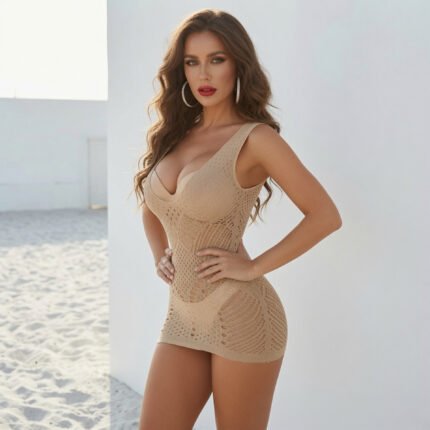 AphroTitan Sleeveless Deep V Neck Bodycon Mesh Cover‑Up Dress, Women Sheer Hollow‑Out Mini Swim Cover‑Up for Beach Pool Tropical Summer Vacation