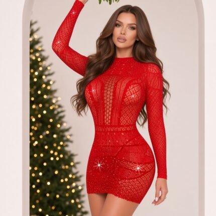 Red Glitter Mesh Long Sleeve Mini Dress for Women, High Neck Sheer Bodycon Mesh Dress Christmas Holiday Romantic Party Costume
