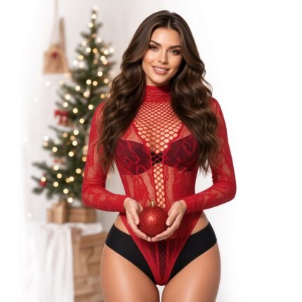 Women Red Long Sleeve Fishnet Bodysuit, High Neck Hollow‑Out See‑Through Open Back Fishnet Lingerie for Christmas Holiday Boudoir Costume