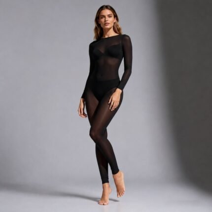 Black Round Neck Long Sleeve Sheer Mesh Bodysuit Ankle‑Length Full Body Transparent Mesh Jumpsuit Versatile Layering Lingerie for Women