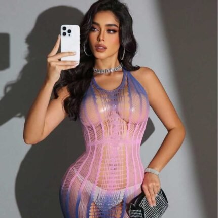 AphroTitan Gradient Pink Blue Halter Mesh Bodycon Dress Women Sheer Fishnet Stretch Mini Dress Nightclub Outfit Intimate Party Lingerie Dress