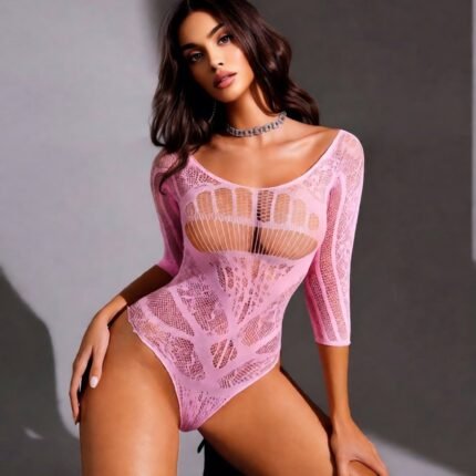 AphroTitan Pink Hollow Lace Bodysuit Lingerie for Women, Three Quarter Sleeve See‑Through Mesh Teddy Bodysuit, Romantic Intimate Outfit for Honeymoon Anniversary Bedroom