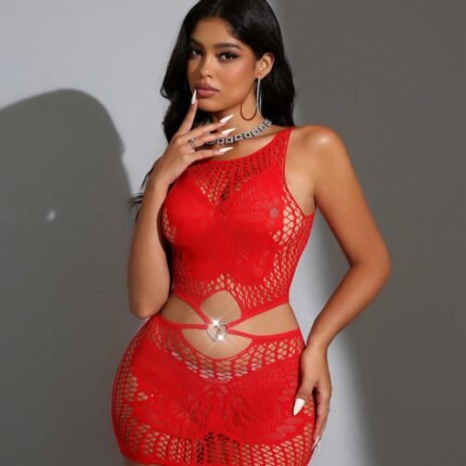 AphroTitan Red Cut‑Out Mesh Lingerie Set for Women, Sleeveless Fishnet Two‑Piece Lingerie with Metal Ring Detail, Seductive Hollow Out Outfit for Valentine Honeymoon Bedroom