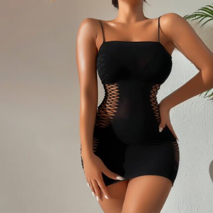 AphroTitan Hollow Out Fishnet Mesh Bodycon Lingerie Dress, Adjustable Spaghetti Strap See Through Seductive Mini Night Dress for Women Boudoir Wear