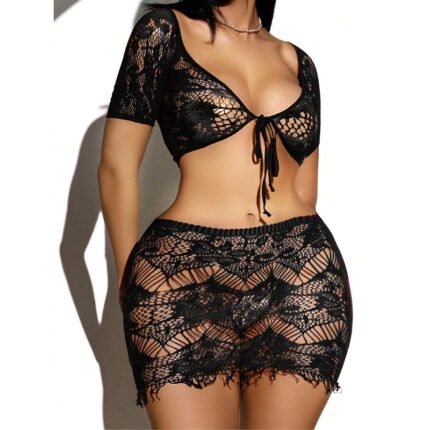 AphroTitan Women Hollow Out Fishnet Lace Two‑Piece Lingerie Set Short Sleeve Tie‑Up Cropped Top with Matching Mini Skirt Romantic Seductive Intimate Outfit for Date Night Anniversary