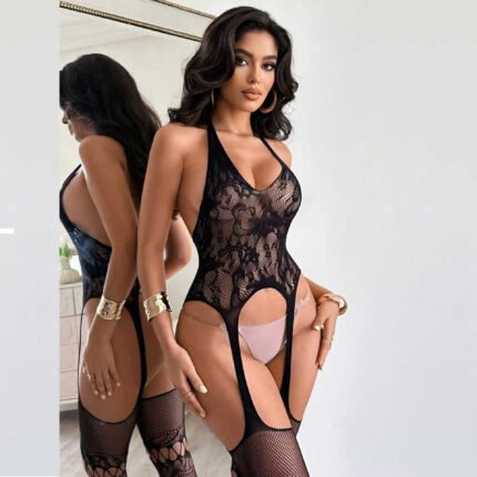 AphroTitan Halter Neck Lace Bodystocking Integrated Garter Thigh‑High Fishnet Lingerie Cut‑Out Sheer Mesh Full Body Stocking for Women