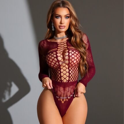 AphroTitan Burgundy Long Sleeve Fishnet Bodysuit Lingerie, Sheer Diamond Mesh High Cut Seductive Body Suit for Women Boudoir & Romantic Nightwear