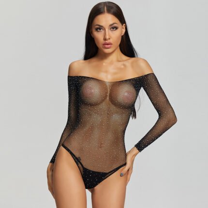 AphroTitan Off Shoulder Rhinestone Fishnet Bodystocking, Long Sleeve Sparkling Mesh Lingerie for Women, Stretchy Open Crotch Bodysuit for Boudoir Photoshoot Date Night Party