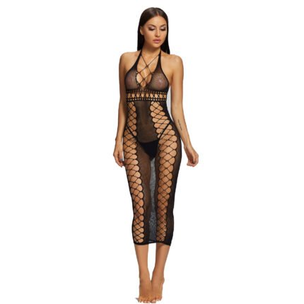 AphroTitan Sheer Fishnet Mesh Bodycon Midi Dress Halter Cut‑Out Back Stretchy Lingerie Dress for Women Night Date Party