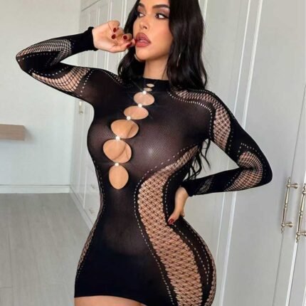 AphroTitan Black Cutout Long Sleeve Mesh Bodycon Lingerie Dress, Front Hole See Through Fishnet Mini Night Dress Seductive Boudoir Outfit for Women