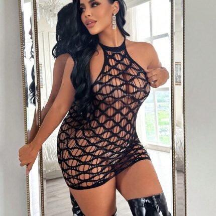AphroTitan Halter Neck Fishnet Mini Dress Women Sheer Diamond Mesh Lingerie Dress Open Back Sexy Night Outfit for Romantic Occasions