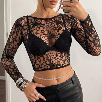AphroTitan Long Sleeve Sheer Mesh Crop Top Women Hollow Out See‑Through Layering Top for Club Halloween Cosplay Festival Party