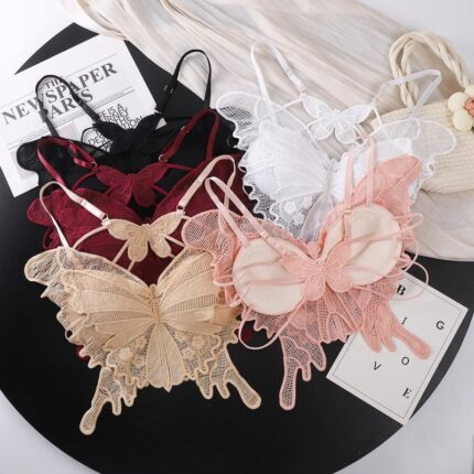 AphroTitan Butterfly Lace Bra for Women Strappy Open Back Sexy Embroidered Lace Bralette Adjustable Spaghetti Strap Backless Lingerie Top