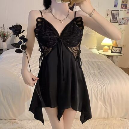 AphroTitan Butterfly Lace Ice Silk Slip Nightgown for Women Deep V Drawstring Irregular Hem Romantic Sleeveless Sleep Loungewear Dress