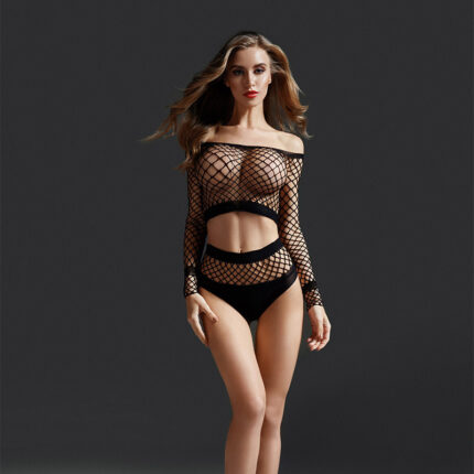 AphroTitan Black Off Shoulder Long Sleeve Fishnet Lingerie 2 Piece Set Grid Mesh Crop Top and High Waist Panties Sexy Outfit for Women
