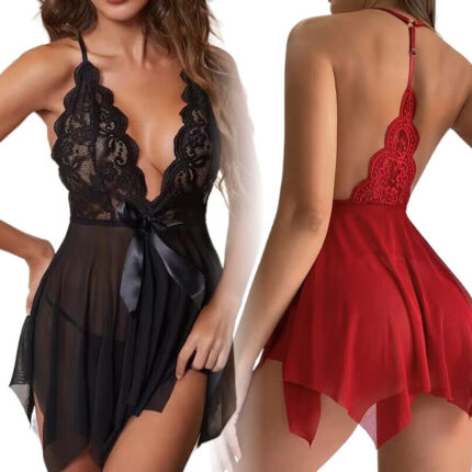 AphroTitan Halter Lace Babydoll Nightgown Set Deep V Backless Sheer Mesh Chemise Lingerie