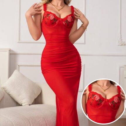 AphroTitan Women Floral Embroidery Underwire Maxi Slip Nightgown Ruched Sheer Mesh Long Lingerie Dress for Boudoir Honeymoon Romantic Night